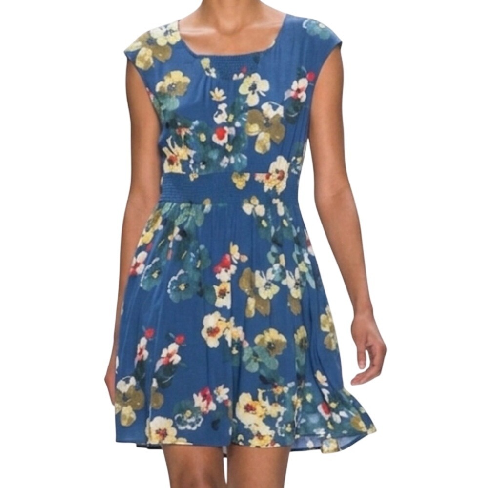 Maeve Anthropologie Blue Floral Smocked Waist Midi Dress Cap Sleeve Pockets M